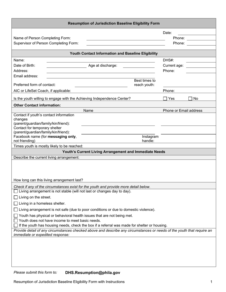 Resumption of Jurisdiction Baseline Eligibility Form - City of Philadelphia, Pennsylvania, Page 3