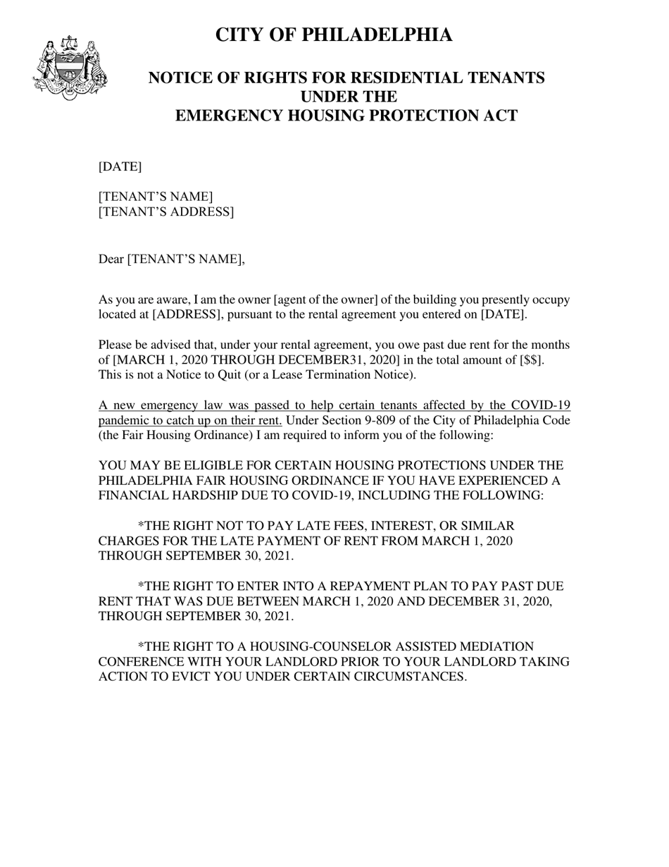 City of Philadelphia, Pennsylvania Notice of Rights for Residential