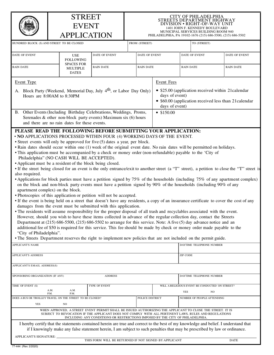 Form 77-444 Street Event Application - City of Philadelphia, Pennsylvania, Page 1