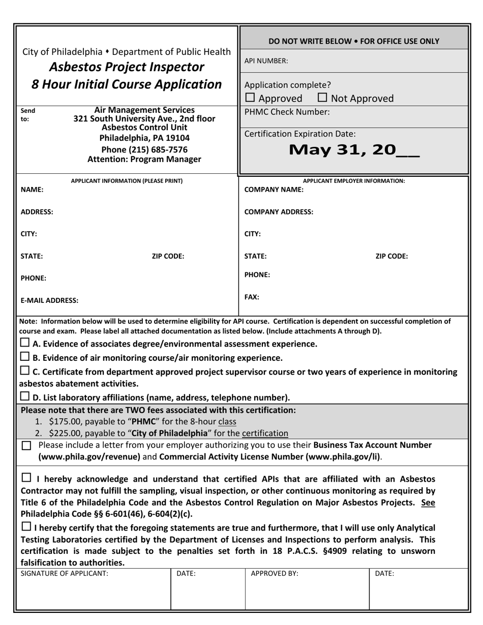 Asbestos Project Inspector Initial Course Application - City of Philadelphia, Pennsylvania, Page 1