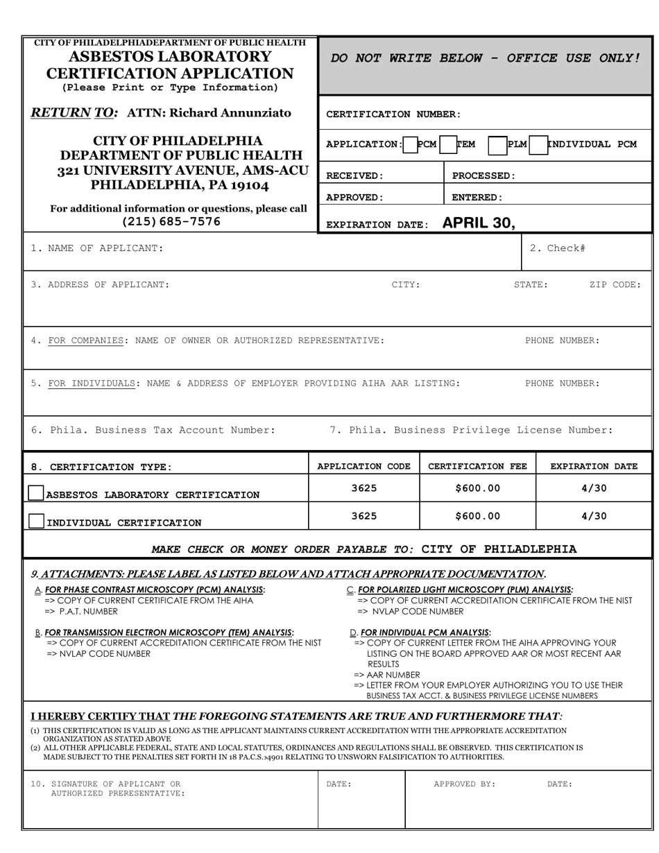 Asbestos Laboratory Certification Application - City of Philadelphia, Pennsylvania, Page 1