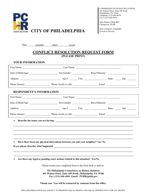 Conflict Resolution Request Form - City of Philadelphia, Pennsylvania Download Pdf