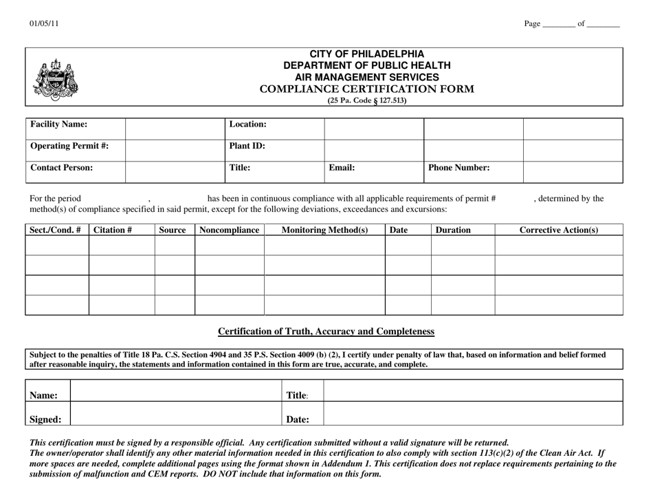 Air Management Services Compliance Certification Form - City of Philadelphia, Pennsylvania, Page 1