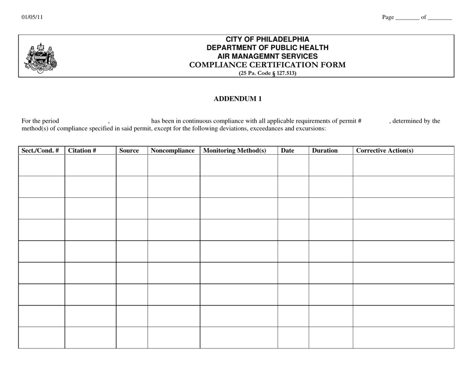 Air Management Services Compliance Certification Form - City of Philadelphia, Pennsylvania, Page 2