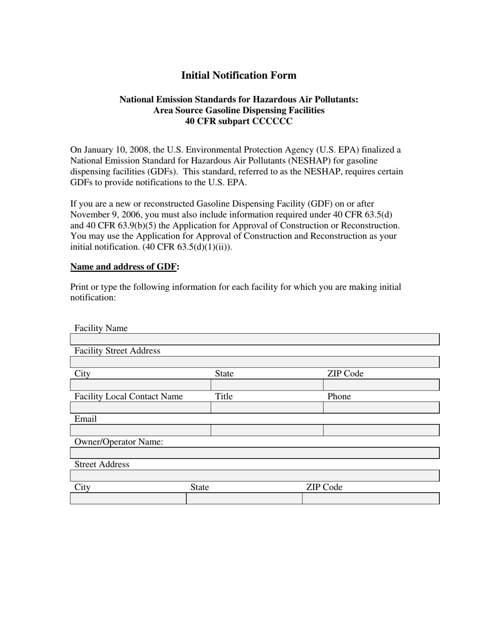Initial Notification Form - National Emission Standards for Hazardous Air Pollutants: Area Source Gasoline Dispensing Facilities - City of Philadelphia, Pennsylvania, Page 1