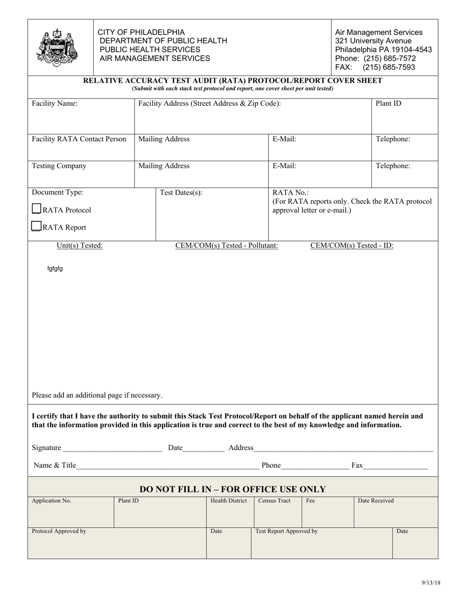 Relative Accuracy Test Audit (Rata) Protocol / Report Cover Sheet - City of Philadelphia, Pennsylvania, Page 1