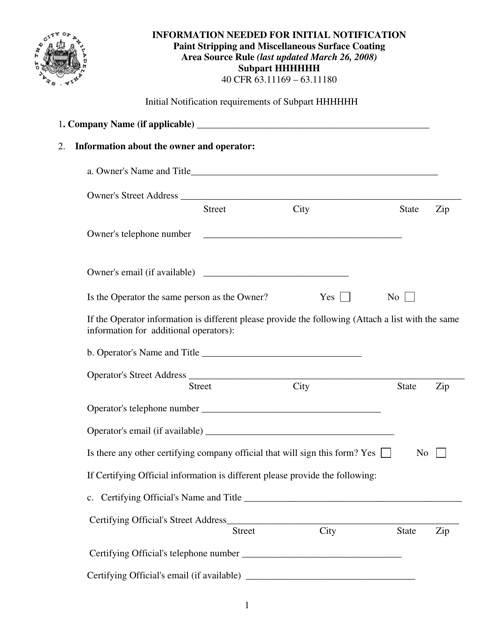 Paint Stripping and Miscellaneous Surface Coating Initial Notification Form (For Subpart 6h) - City of Philadelphia, Pennsylvania Download Pdf