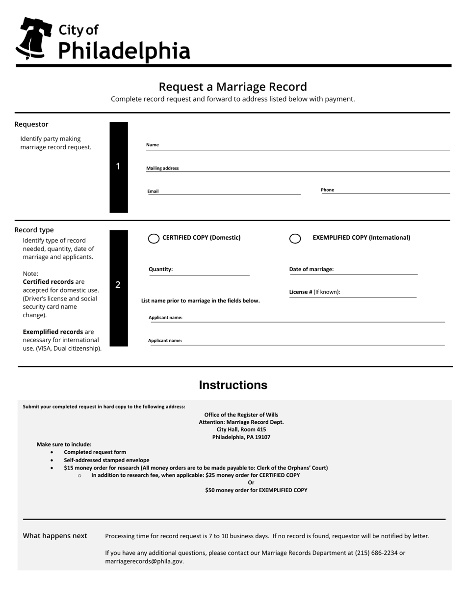 Request a Marriage Record - City of Philadelphia, Pennsylvania, Page 1