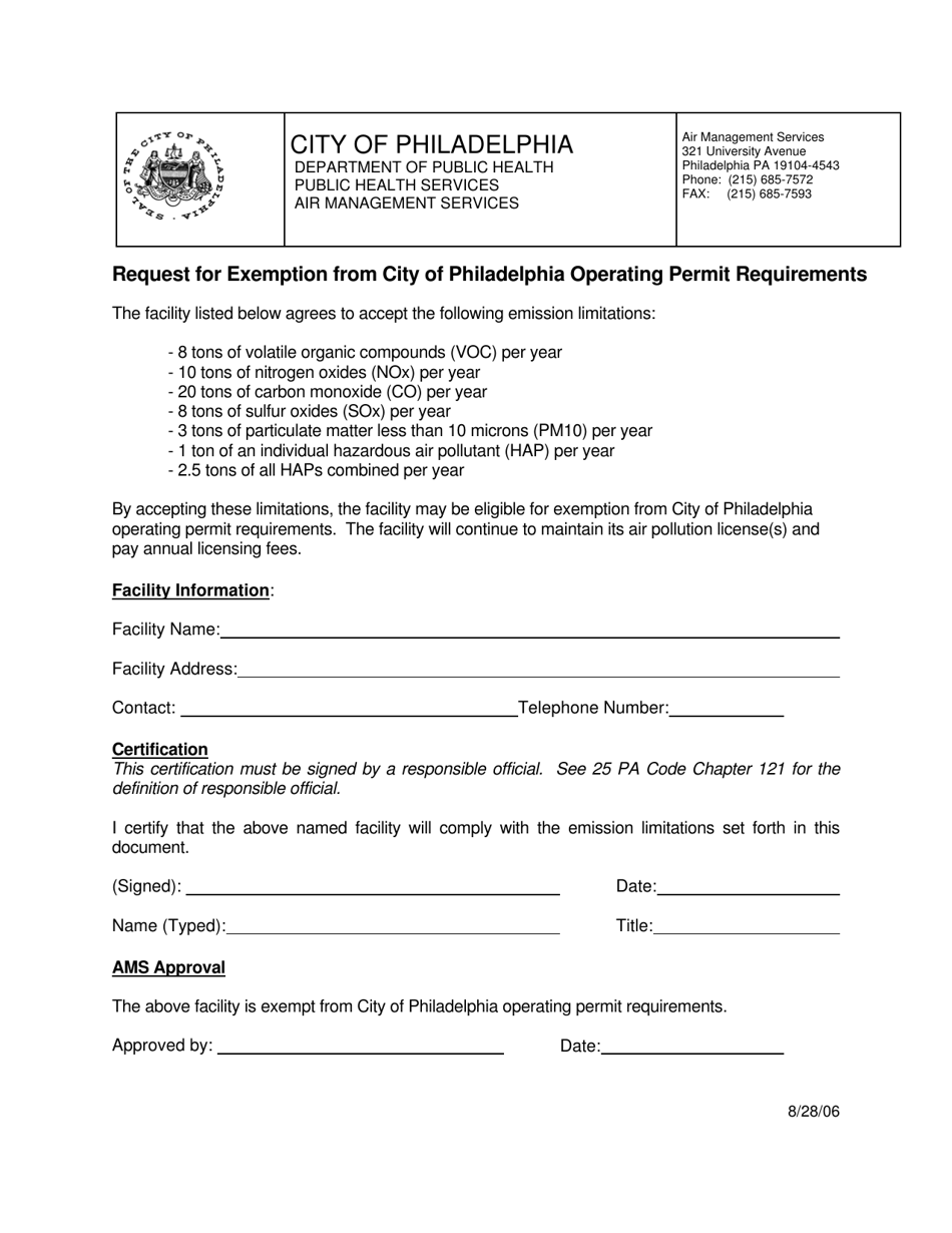 City of Philadelphia, Pennsylvania Request for Exemption From City of Philadelphia Operating