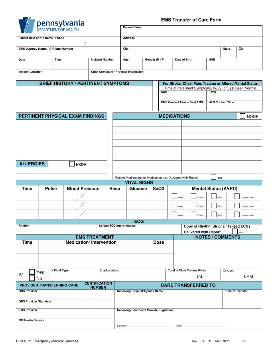 Pennsylvania EMS Transfer of Care Form - Fill Out, Sign Online and ...