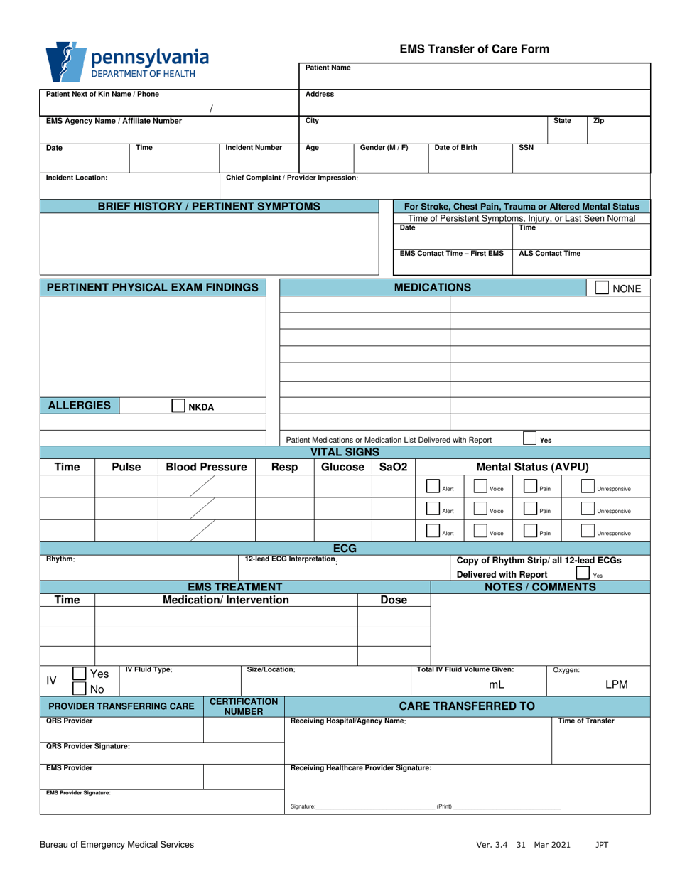 EMS Transfer of Care Form - Pennsylvania, Page 1