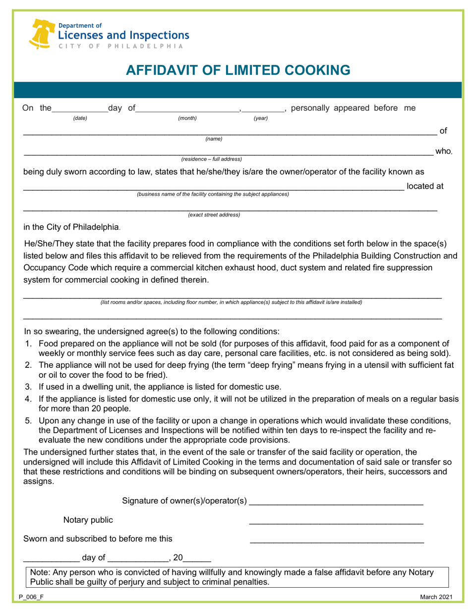 Form P_006_F Affidavit of Limited Cooking - City of Philadelphia, Pennsylvania, Page 1
