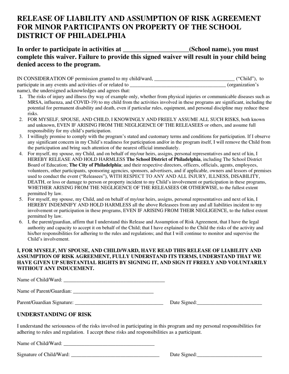 Release of Liability and Assumption of Risk Agreement for Minor Participants on Property of the School - City of Philadelphia, Pennsylvania, Page 1