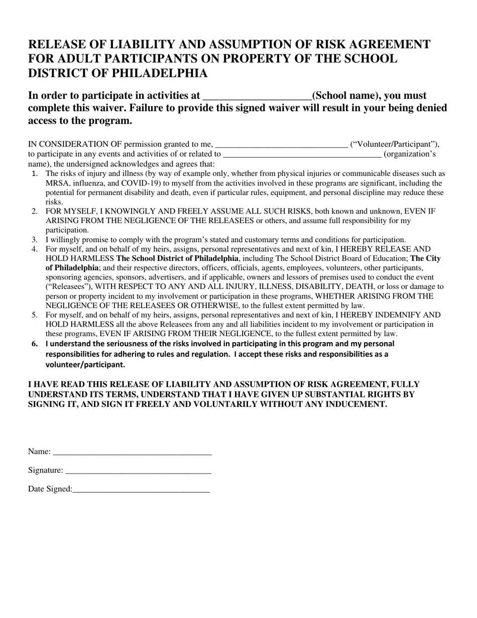 Release of Liability and Assumption of Risk Agreement for Adult Participants on Property of the School - City of Philadelphia, Pennsylvania, Page 1