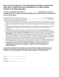 Document preview: Release of Liability and Assumption of Risk Agreement for Adult Participants on Property of the School - City of Philadelphia, Pennsylvania