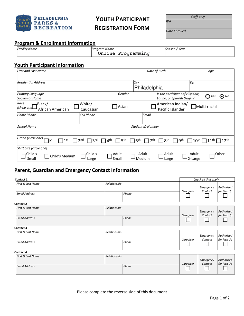 Youth Participant Registration Form - City of Philadelphia, Pennsylvania, Page 1