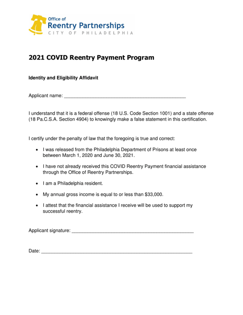 Covid Reentry Payment Self Certification Form - City of Philadelphia, Pennsylvania, 2021