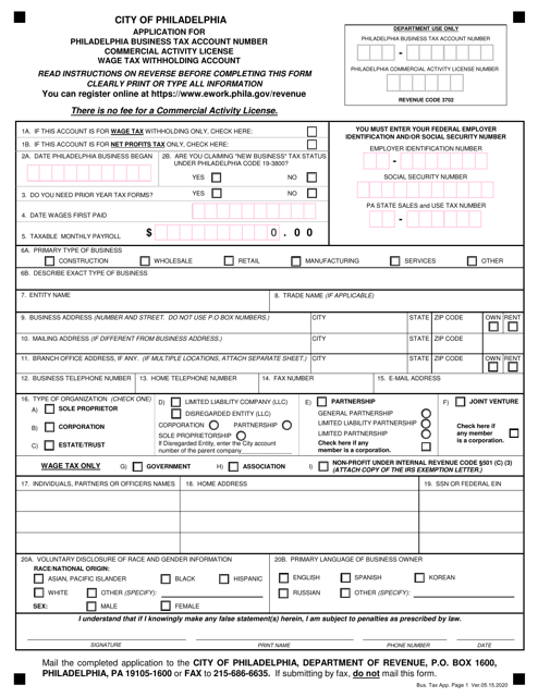 Application for Philadelphia Business Tax Account Number, Commercial Activity License, Wage Tax Withholding Account - City of Philadelphia, Pennsylvania Download Pdf