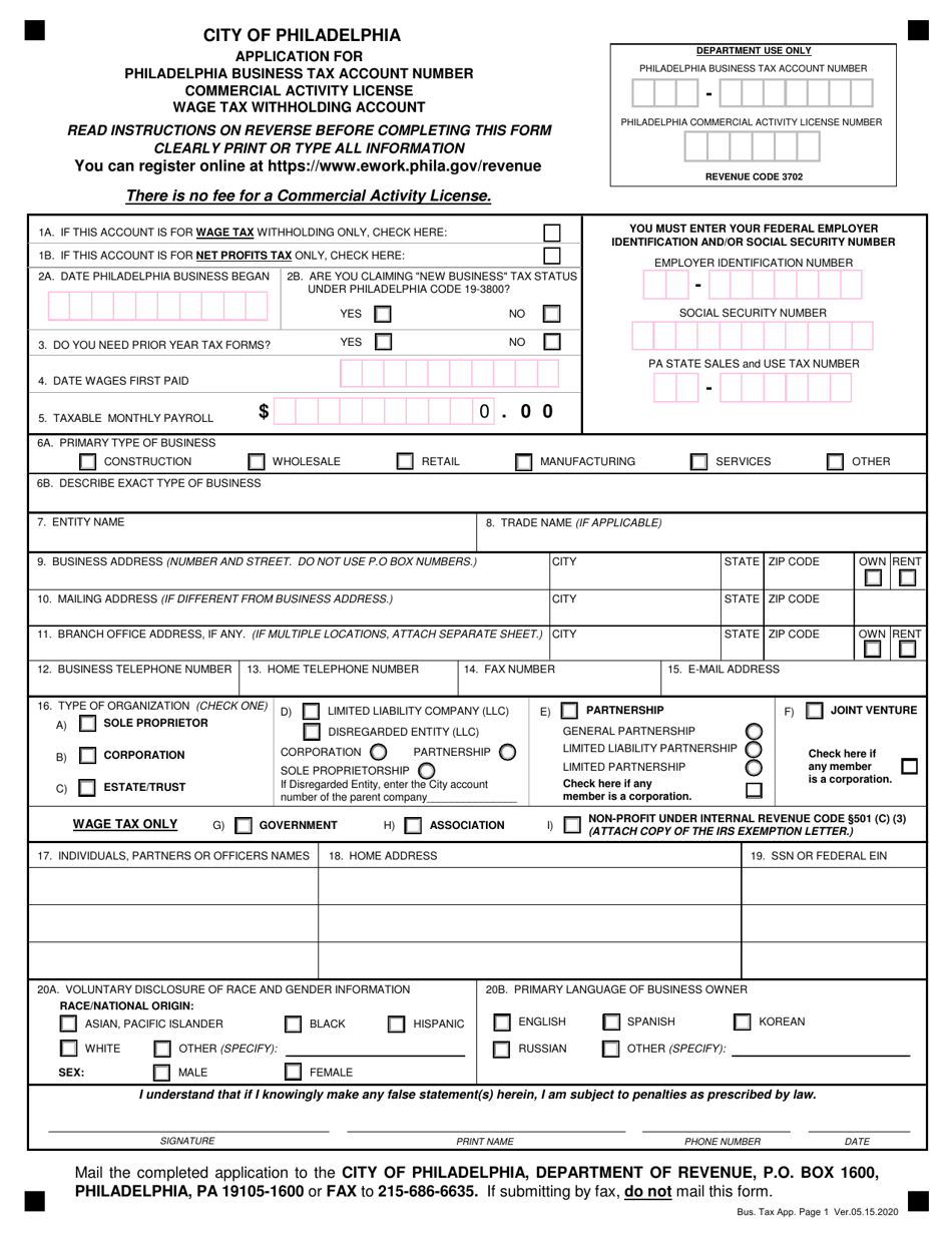 Application for Philadelphia Business Tax Account Number, Commercial Activity License, Wage Tax Withholding Account - City of Philadelphia, Pennsylvania, Page 1