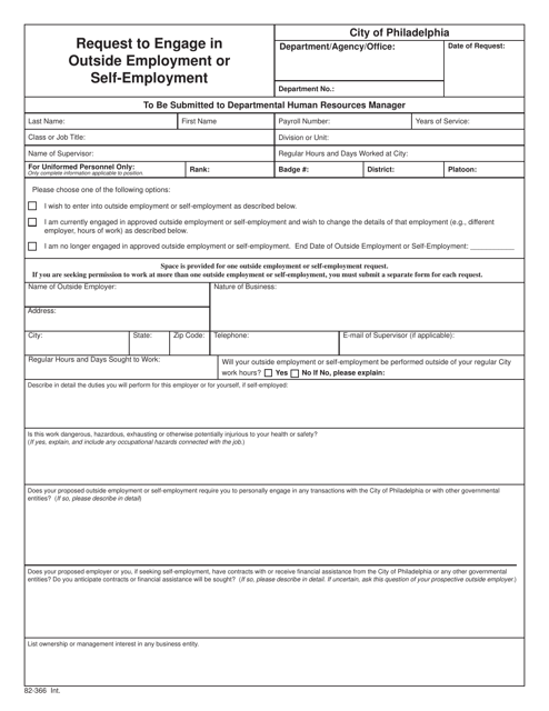 Form 82-366 Request to Engage in Outside Employment or Self-employment - City of Philadelphia, Pennsylvania