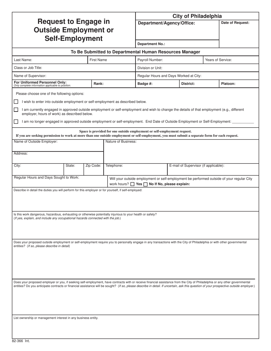 Form 82-366 Request to Engage in Outside Employment or Self-employment - City of Philadelphia, Pennsylvania, Page 1