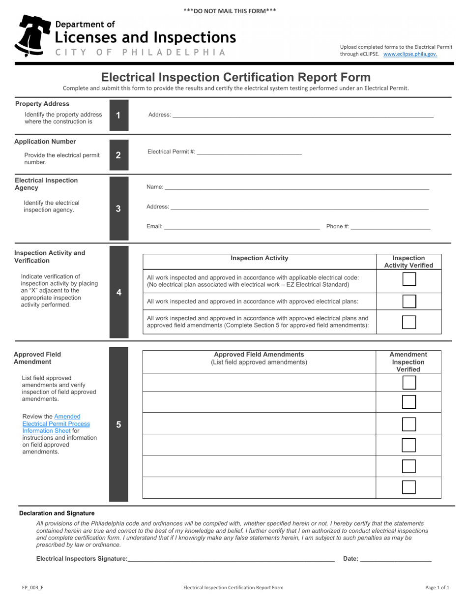 Form EP_003_F Electrical Inspection Certification Report Form - City of Philadelphia, Pennsylvania, Page 1
