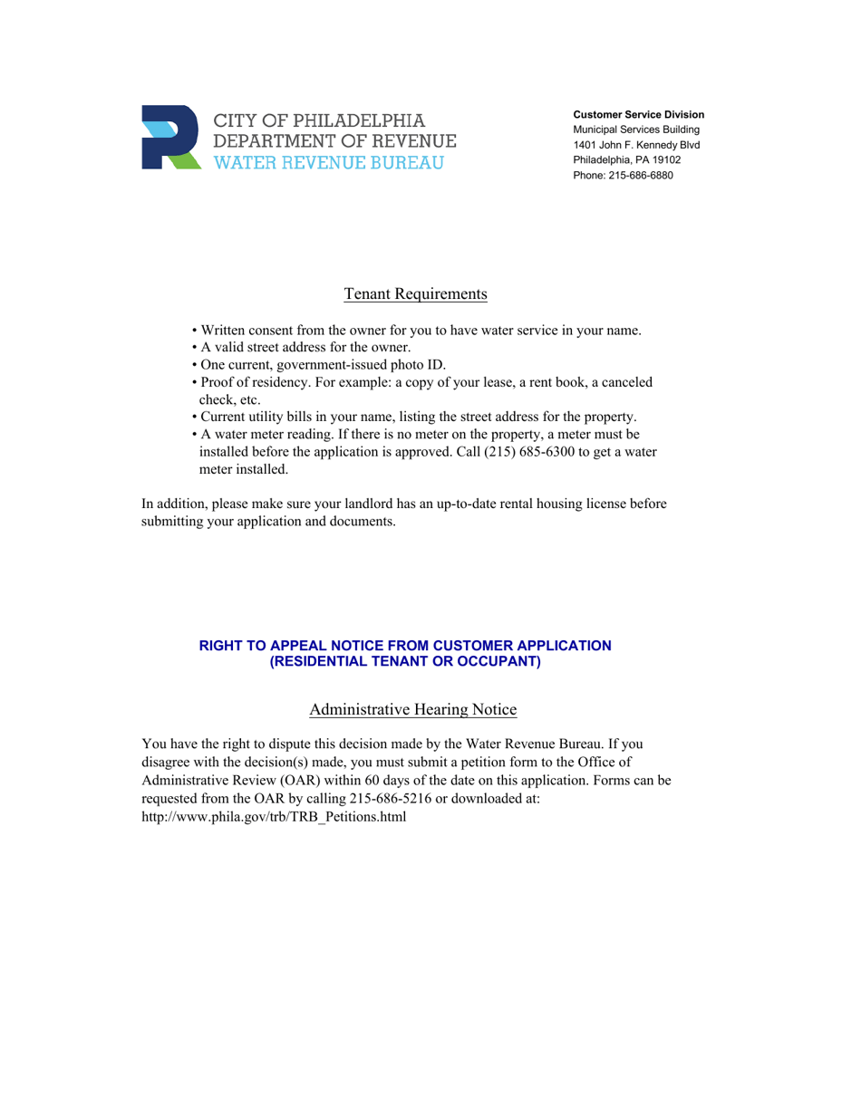 New Tenant Water Customer Application - City of Philadelphia, Pennsylvania, Page 2