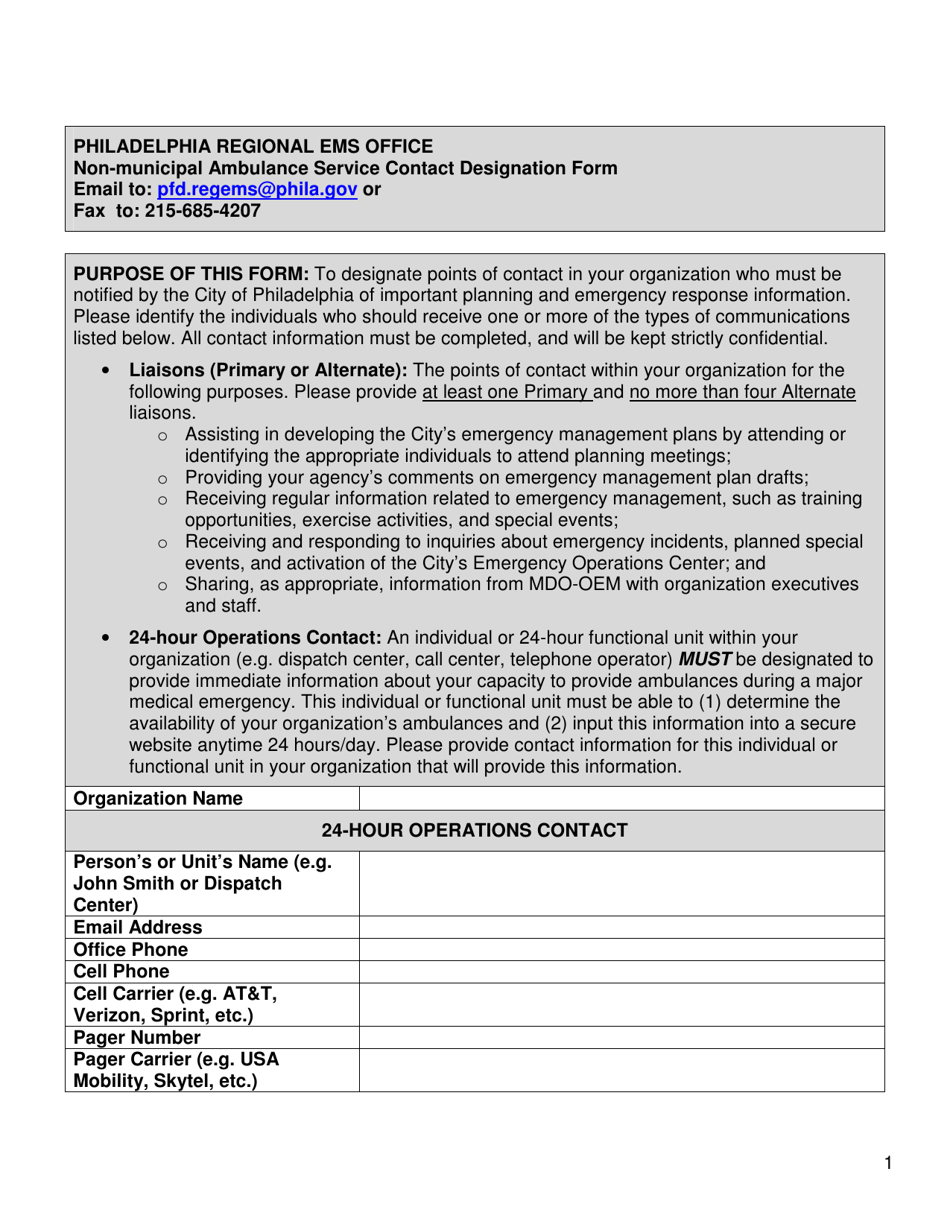 Non-municipal Ambulance Service Contact Designation Form - City of Philadelphia, Pennsylvania, Page 1