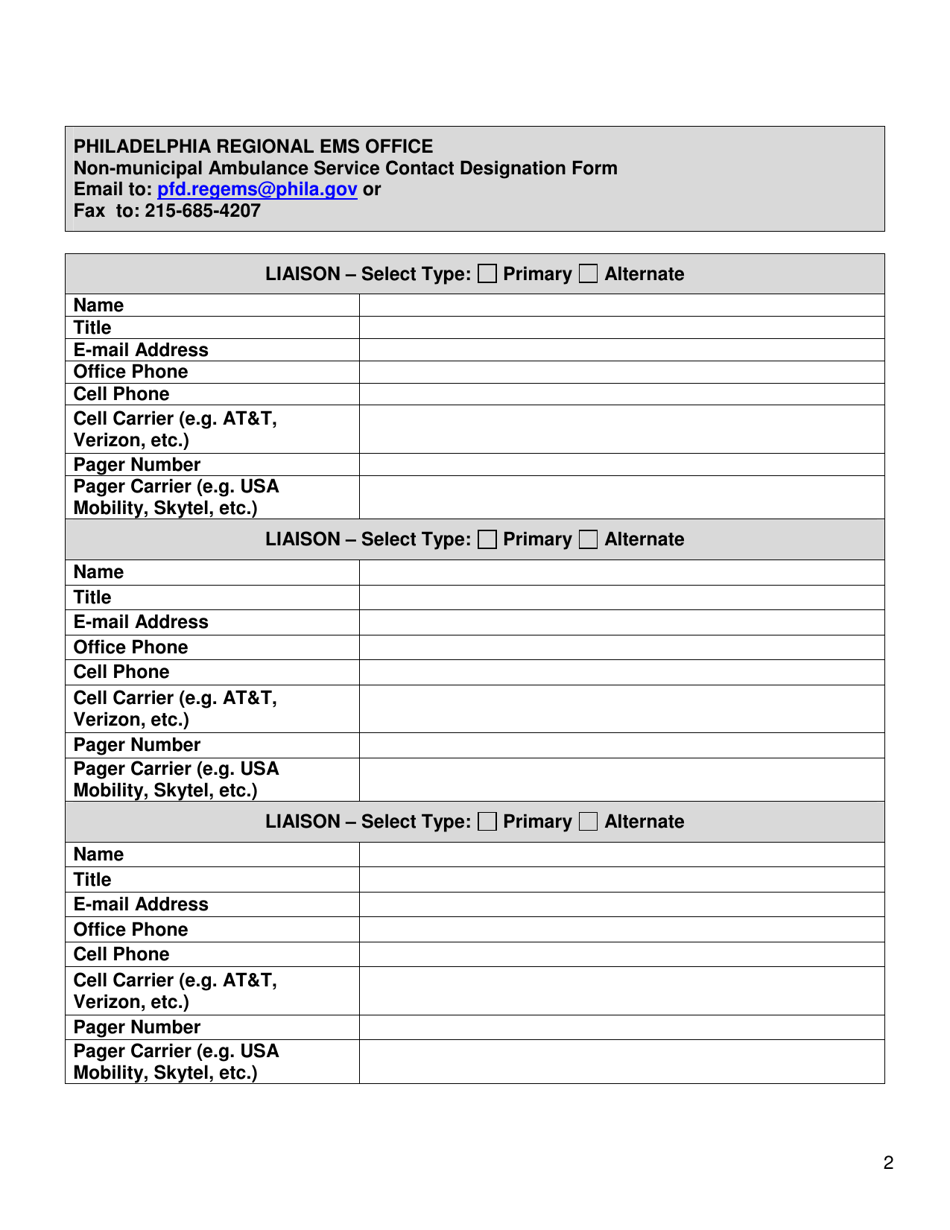 Non-municipal Ambulance Service Contact Designation Form - City of Philadelphia, Pennsylvania, Page 2
