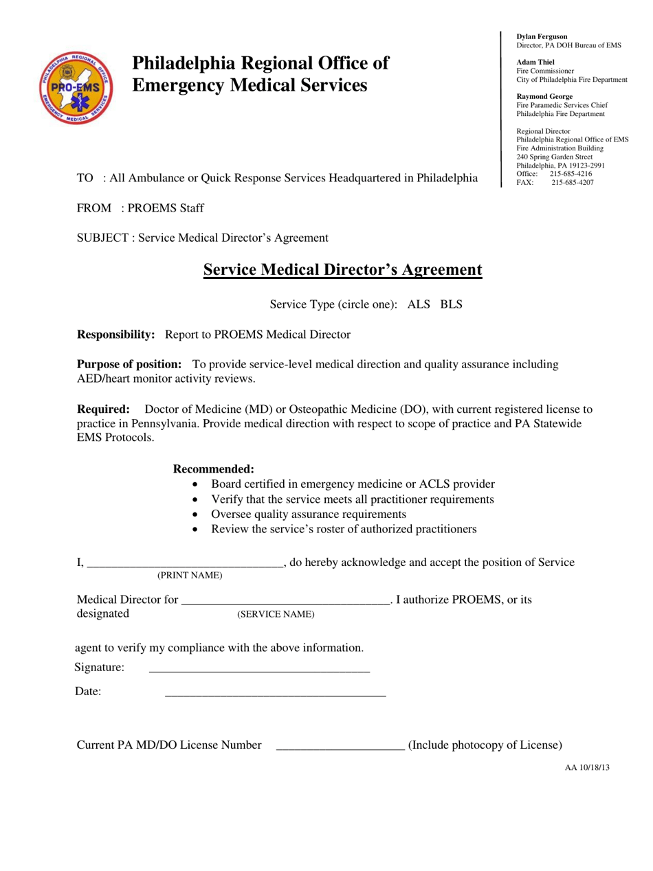 City Of Philadelphia Pennsylvania Service Medical Director s Agreement