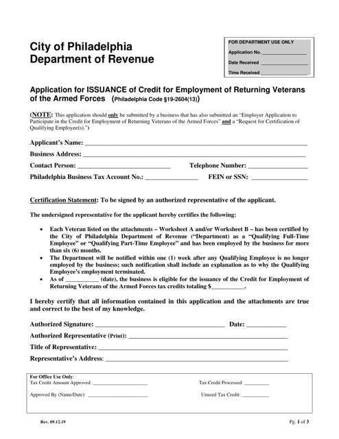 Application for Issuance of Veterans Tax Credit - City of Philadelphia, Pennsylvania Download Pdf