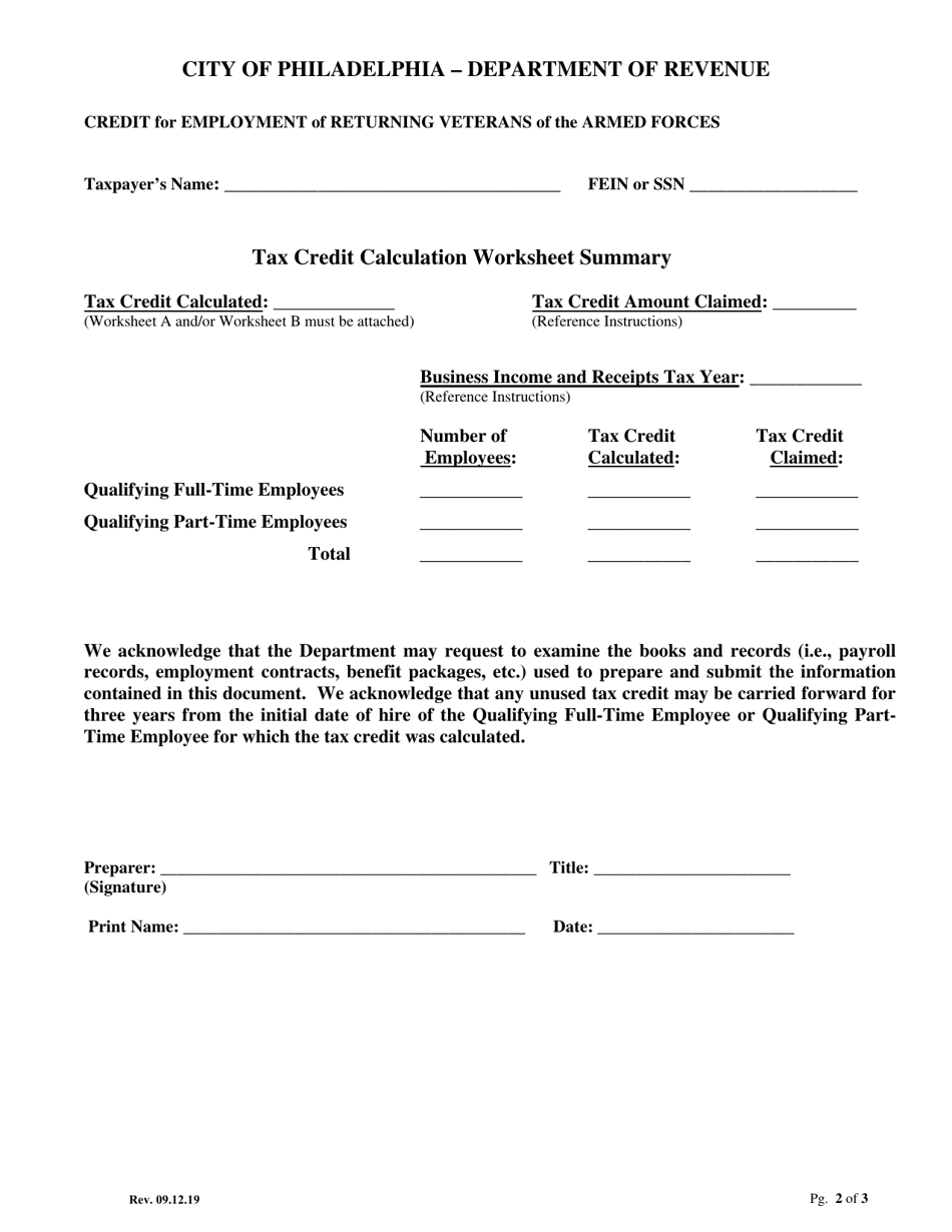 Application for Issuance of Veterans Tax Credit - City of Philadelphia, Pennsylvania, Page 2