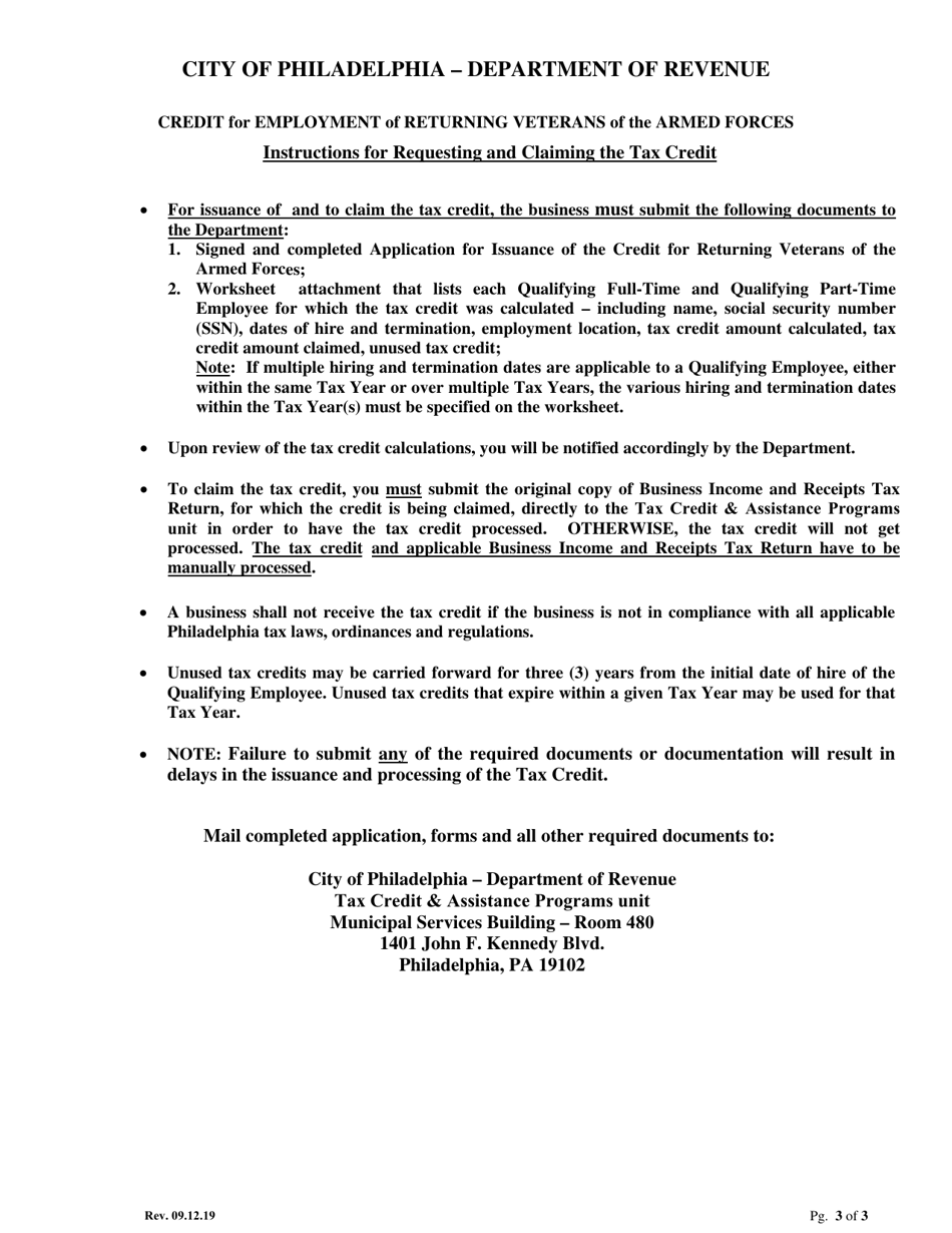 Application for Issuance of Veterans Tax Credit - City of Philadelphia, Pennsylvania, Page 3