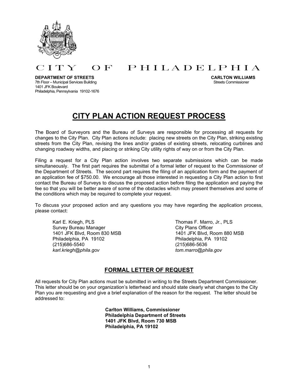 Application for City Plan Action - City of Philadelphia, Pennsylvania, Page 1