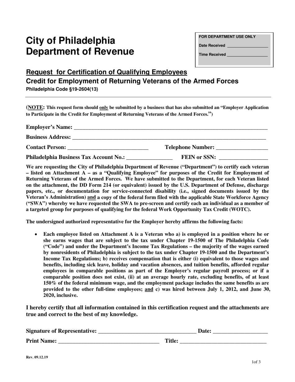 Veterans Tax Credit Certification of Qualified Employees - City of Philadelphia, Pennsylvania, Page 1