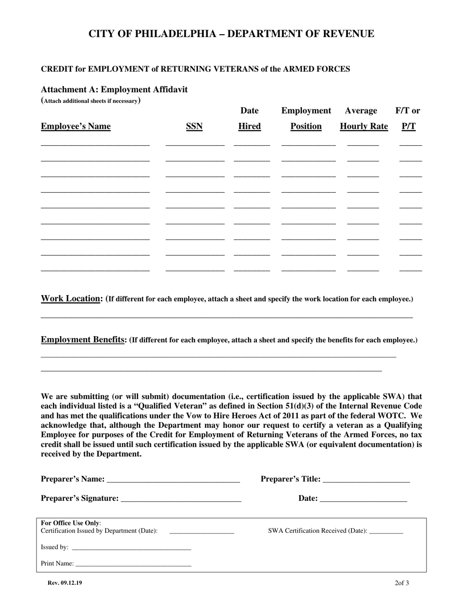 Veterans Tax Credit Certification of Qualified Employees - City of Philadelphia, Pennsylvania, Page 2