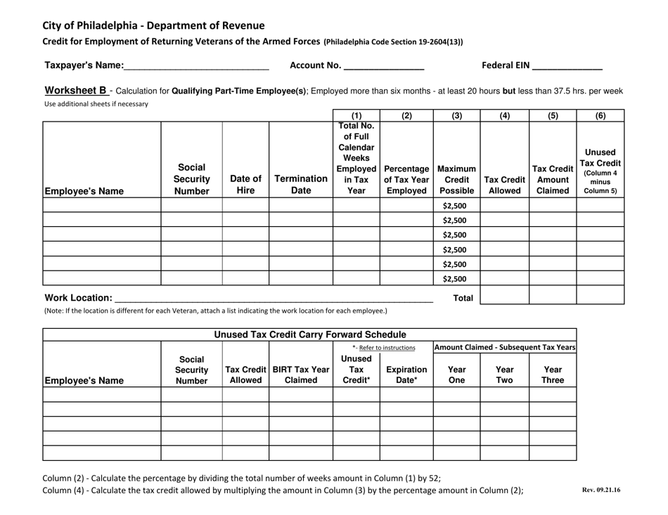 Veterans Tax Credit Worksheet - City of Philadelphia, Pennsylvania, Page 2