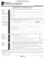 Form AB (L_030_F) &quot;Application for a Curb Market License&quot; - City of Philadelphia, Pennsylvania