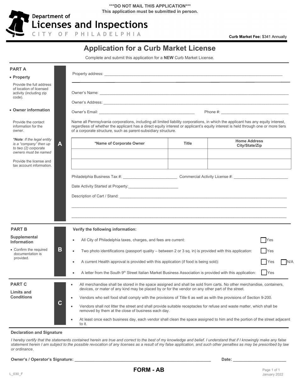 Form AB (L_030_F) Application for a Curb Market License - City of Philadelphia, Pennsylvania, Page 1