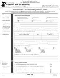 Form AB (L_031_F) &quot;Application for a Special Vending District License&quot; - City of Philadelphia, Pennsylvania