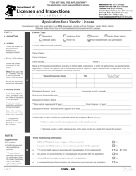 Form AB (L_032_F) &quot;Application for a Vendor License&quot; - City of Philadelphia, Pennsylvania