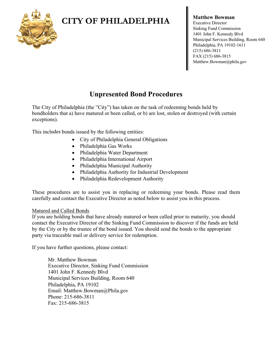City of Philadelphia, Pennsylvania Lost Bond Redemption Request Form