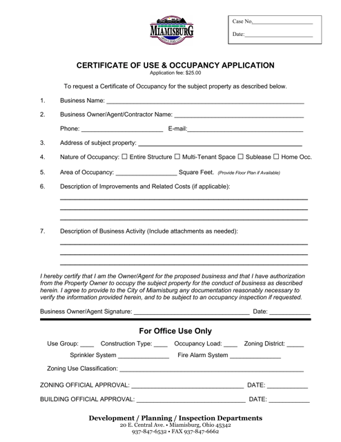 City of Miamisburg Ohio Certificate of Use Occupancy Application