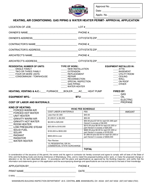 Heating, Air Conditioning, Gas Piping & Water Heater Permit - Approval Application - City of Miamisburg, Ohio Download Pdf