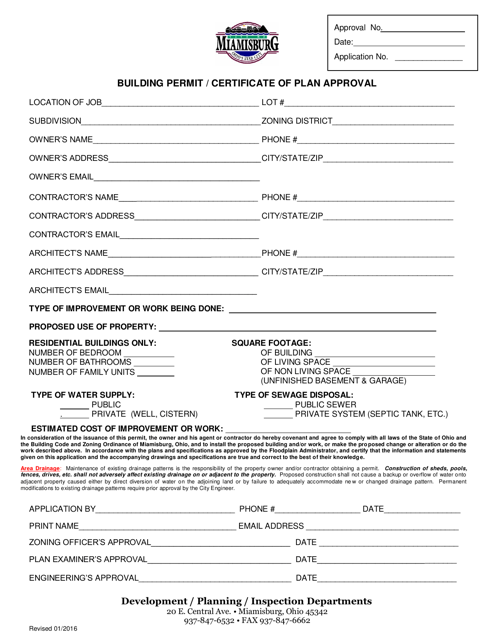 Building Permit / Certificate of Plan Approval - City of Miamisburg, Ohio Download Pdf