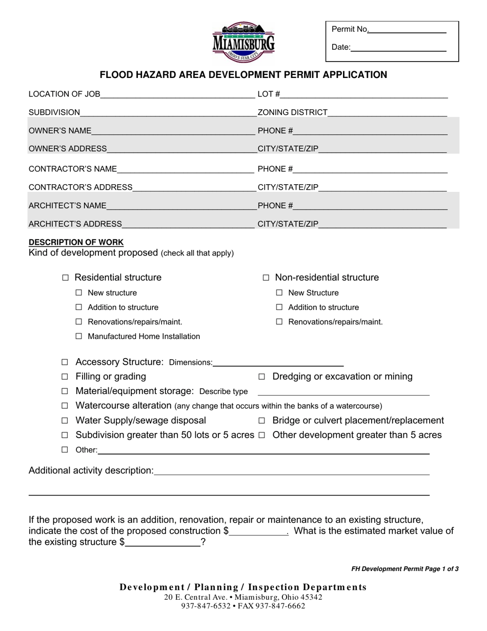 Flood Hazard Area Development Permit Application - City of Miamisburg, Ohio, Page 1