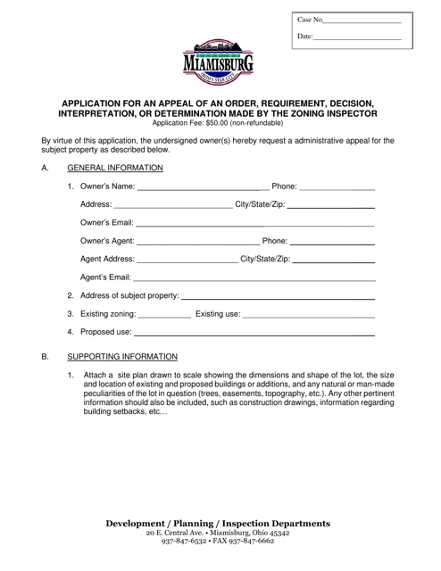 Application for an Appeal of an Order, Requirement, Decision, Interpretation, or Determination Made by the Zoning Inspector - City of Miamisburg, Ohio Download Pdf