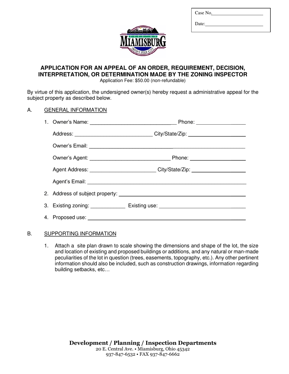Application for an Appeal of an Order, Requirement, Decision, Interpretation, or Determination Made by the Zoning Inspector - City of Miamisburg, Ohio, Page 1