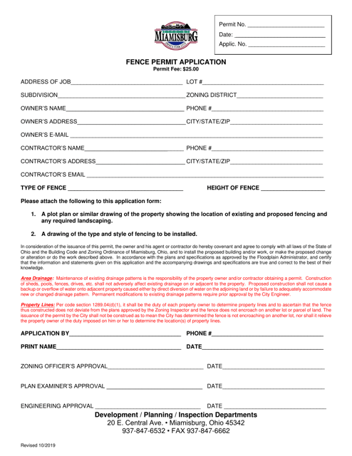 Fence Permit Application - City of Miamisburg, Ohio