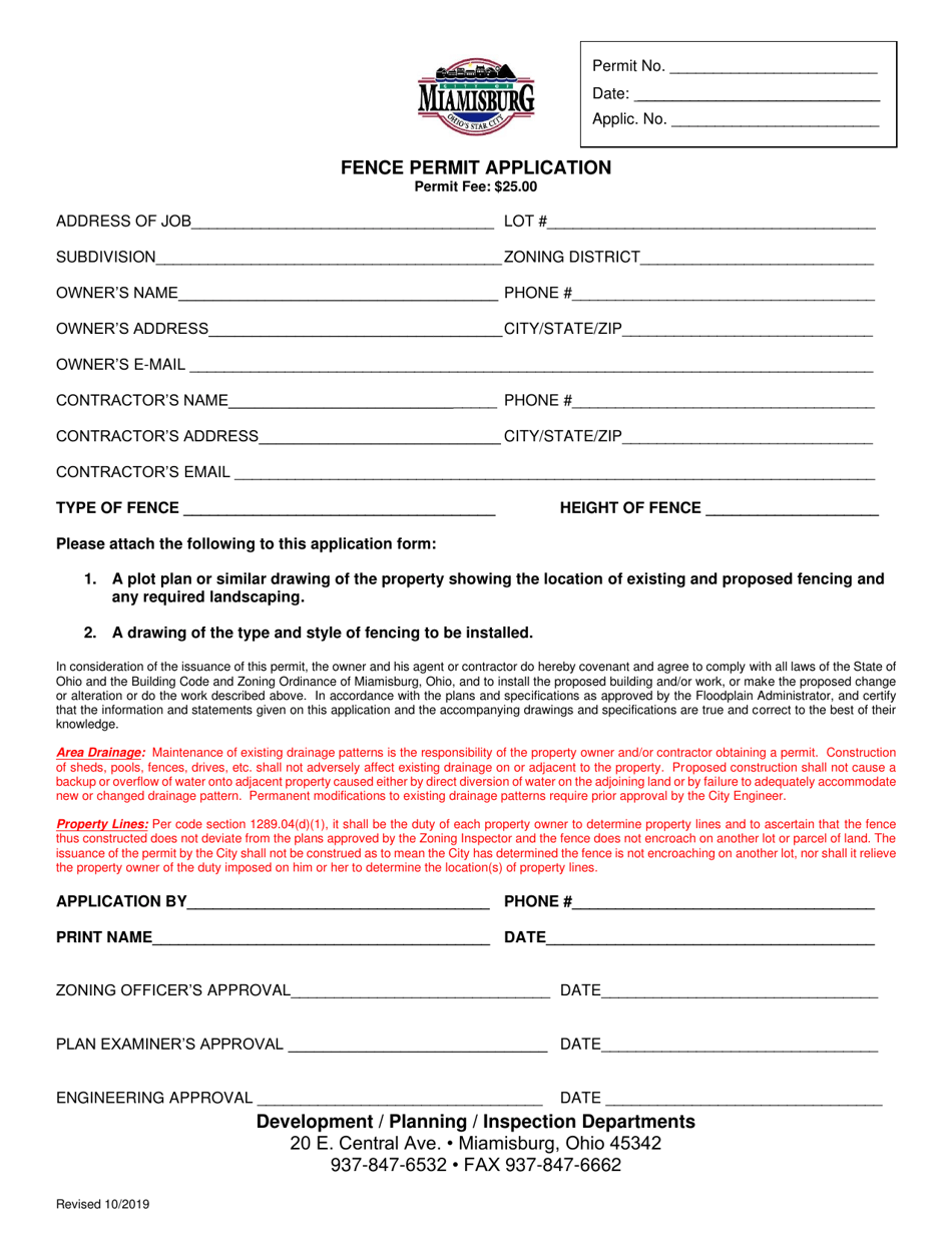 Fence Permit Application - City of Miamisburg, Ohio, Page 1